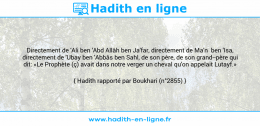 Une image avec le hadith : Directement de 'Ali ben 'Abd Allâh ben Ja'far, directement de Ma'n ben 'Isa, directement de 'Ubay ben 'Abbâs ben Sahl, de son père, de son grand-père qui dit: «Le Prophète (ç) avait dans notre verger un cheval qu'on appelait Lutayf.» Hadith rapporté par Boukhari (n°2855)