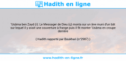 Une image avec le hadith : 'Usâma ben Zayd (r): Le Messager de Dieu (ç) monta sur un âne muni d'un bât sur lequel il y avait une couverture à frange puis il fit monter 'Usâma en croupe derrière lui. Hadith rapporté par Boukhari (n°2987)