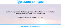 Une image avec le hadith : Ibn 'Umar: Le jour de la Rupture du jeûne et celui du Sacrifice, on plantait une lance devant le Prophète (ç) qui priait ensuite. Hadith rapporté par Boukhari (n°972)