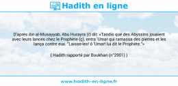 Une image avec le hadith : D'après ibn al-Musayyab, Abu Hurayra (r) dit: «Tandis que des Abyssins jouaient avec leurs lances chez le Prophète (ç), entra 'Umar qui ramassa des pierres et les lança contre eux. "Laisse-les! ô 'Umar! lui dit le Prophète."» Hadith rapporté par Boukhari (n°2901)