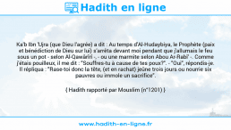 Une image avec le hadith : Ka'b Ibn 'Ujra (que Dieu l'agrée) a dit : Au temps d'Al-Hudaybiya, le Prophète (paix et bénédiction de Dieu sur lui) s'arrêta devant moi pendant que j'allumais le feu sous un pot - selon Al-Qawârîrî -, - ou une marmite selon Abou Ar-Rabî' -. Comme j'étais pouilleux, il me dit : "Souffres-tu à cause de tes poux?". - "Oui", répondis-je. Il répliqua : "Rase-toi donc la tête, (et en rachat) jeûne trois jours ou nourrie six pauvres ou immole un sacrifice". Hadith rapporté par Mouslim (n°1201)