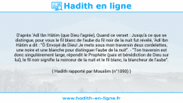 Une image avec le hadith : D'après 'Adî Ibn Hâtim (que Dieu l'agrée), Quand ce verset : Jusqu'à ce que se distingue, pour vous le fil blanc de l'aube du fil noir de la nuit fut révélé, 'Adî Ibn Hâtim a dit : "Ô Envoyé de Dieu! Je mets sous mon traversin deux cordelettes, une noire et une blanche pour distinguer l'aube de la nuit". - "Ton traversin est donc singulièrement large, répondit le Prophète (paix et bénédiction de Dieu sur lui), le fil noir signifie la noirceur de la nuit et le fil blanc, la blancheur de l'aube". Hadith rapporté par Mouslim (n°1090)