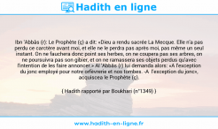 Une image avec le hadith : Ibn 'Abbâs (r): Le Prophète (ç) a dit: «Dieu a rendu sacrée La Mecque. Elle n'a pas perdu ce carctère avant moi, et elle ne le perdra pas après moi, pas même un seul instant. On ne fauchera donc point ses herbes, on ne coupera pas ses arbres, on ne poursuivra pas son gibier, et on ne ramassera ses objets perdus qu'avec l'intention de les faire annoncer.» Al 'Abbâs (r) lui demanda alors: «A l'exception du jonc employé pour notre orfèvrerie et nos tombes. -A l'exception du jonc», acquiscea le Prophète (ç). Hadith rapporté par Boukhari (n°1349)