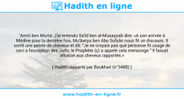Une image avec le hadith : 'Amrû ben Murra: J'ai entendu Sa'îd ben al-Musayyab dire: «A son arrivée à Médine pour la dernière fois, Mu'âwiya ben Abu Sufyân nous fit un discours. Il sortit une pelote de cheveux et dit: "Je ne croyais pas que personne fit usage de ceci a l'exception des Juifs; le Prophète (ç) a appelé cela mensonge." Il faisait allusion aux cheveux rapportés.» Hadith rapporté par Boukhari (n°3488)