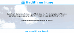 Une image avec le hadith : Qatâda dit: J'ai entendu 'Anas ben Mâlik dire: «Le Prophète (ç) a dit: "Cracher dans la mosquée est un péché dont l'expiation est d'enfuir le crachat."» Hadith rapporté par Boukhari (n°415)