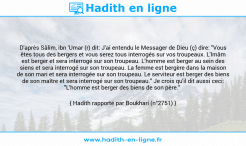 Une image avec le hadith : D'après Sâlim, ibn 'Umar (r) dit: J'ai entendu le Messager de Dieu (ç) dire: "Vous êtes tous des bergers et vous serez tous interrogés sur vos troupeaux. L'Imâm est berger et sera interrogé sur son troupeau. L'homme est berger au sein des siens et sera interrogé sur son troupeau. La femme est bergère dans la maison de son mari et sera interrogée sur son troupeau. Le serviteur est berger des biens de son maître et sera interrogé sur son troupeau." Je crois qu'il dit aussi ceci: "L'homme est berger des biens de son père." Hadith rapporté par Boukhari (n°2751)