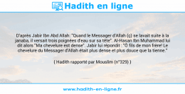 Une image avec le hadith : D'après Jabir Ibn Abd Allah: "Quand le Messager d'Allah (ç) se lavait suite à la janaba, il versait trois poignées d'eau sur sa tête". Al-Hasan Ibn Muhammad lui dit alors "Ma chevelure est dense". Jabir lui répondit : "Ô fils de mon frère! Le chevelure du Messager d'Allah était plus dense et plus douce que la tienne." Hadith rapporté par Mouslim (n°329)