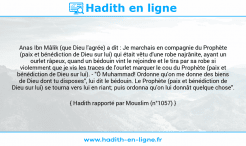 Une image avec le hadith : Anas Ibn Mâlik (que Dieu l'agrée) a dit : Je marchais en compagnie du Prophète (paix et bénédiction de Dieu sur lui) qui était vêtu d'une robe najrânite, ayant un ourlet râpeux, quand un bédouin vint le rejoindre et le tira par sa robe si violemment que je vis les traces de l'ourlet marquer le cou du Prophète (paix et bénédiction de Dieu sur lui). - "Ô Muhammad! Ordonne qu'on me donne des biens de Dieu dont tu disposes", lui dit le bédouin. Le Prophète (paix et bénédiction de Dieu sur lui) se tourna vers lui en riant; puis ordonna qu'on lui donnât quelque chose". Hadith rapporté par Mouslim (n°1057)