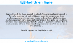 Une image avec le hadith : D'après Mouadh Ibn Jabal (qu'Allah l'agrée), le Prophète (que la prière d'Allah et Son salut soient sur lui) a dit: « Si j'avais ordonné à une personne de se prosterner pour une autre personne j'aurais certes ordonné à la femme de se prosterner pour son mari à cause de l'importance du droit qu'il a sur elle. Et une femme ne trouve pas la douceur de la foi jusqu'à ce qu'elle s'acquitte du droit de son mari et cela même si il lui demande sa personne alors qu'elle est sur le dos d'un chameau ». Hadith rapporté par Targhib (n°1939)