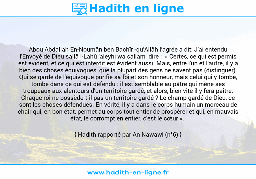 Une image avec le hadith : Abou Abdallah En-Noumân ben Bachîr -qu’Allâh l’agrée a dit: J'ai entendu l'Envoyé de Dieu sallâ l-Lahû ‘aleyhi wa sallam dire : « Certes, ce qui est permis est évident, et ce qui est interdit est évident aussi. Mais, entre l'un et l'autre, il y a bien des choses équivoques, que la plupart des gens ne savent pas (distinguer). Qui se garde de l'équivoque purifie sa foi et son honneur, mais celui qui y tombe, tombe dans ce qui est défendu : il est semblable au pâtre qui mène ses troupeaux aux alentours d'un territoire gardé, et alors, bien vite il y fera paître. Chaque roi ne possède-t-il pas un territoire gardé ? Le champ gardé de Dieu, ce sont les choses défendues. En vérité, il y a dans le corps humain un morceau de chair qui, en bon état, permet au corps tout entier de prospérer et qui, en mauvais état, le corrompt en entier, c'est le cœur ». Hadith rapporté par An Nawawi (n°6)