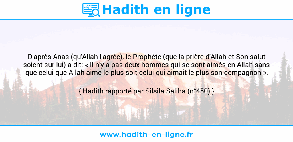 Une image avec le hadith : D'après Anas (qu'Allah l'agrée), le Prophète (que la prière d'Allah et Son salut soient sur lui) a dit: « Il n'y a pas deux hommes qui se sont aimés en Allah sans que celui que Allah aime le plus soit celui qui aimait le plus son compagnon ». Hadith rapporté par Silsila Saliha (n°450)