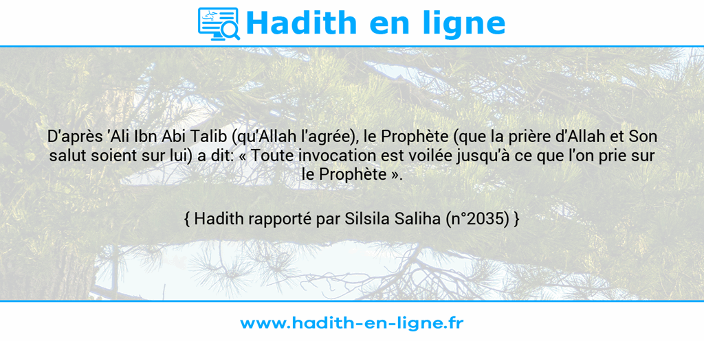 Une image avec le hadith : D'après 'Ali Ibn Abi Talib (qu'Allah l'agrée), le Prophète (que la prière d'Allah et Son salut soient sur lui) a dit: « Toute invocation est voilée jusqu'à ce que l'on prie sur le Prophète ». Hadith rapporté par Silsila Saliha (n°2035)