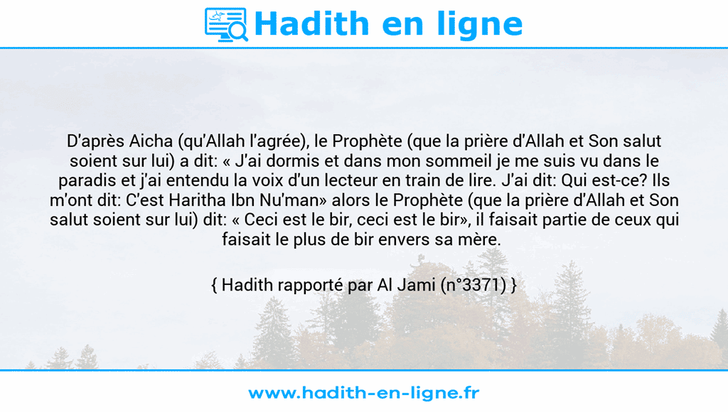 Une image avec le hadith : D'après Aicha (qu'Allah l'agrée), le Prophète (que la prière d'Allah et Son salut soient sur lui) a dit: « J'ai dormis et dans mon sommeil je me suis vu dans le paradis et j'ai entendu la voix d'un lecteur en train de lire. J'ai dit: Qui est-ce? Ils m'ont dit: C'est Haritha Ibn Nu'man» alors le Prophète (que la prière d'Allah et Son salut soient sur lui) dit: « Ceci est le bir, ceci est le bir», il faisait partie de ceux qui faisait le plus de bir envers sa mère. Hadith rapporté par Al Jami (n°3371)