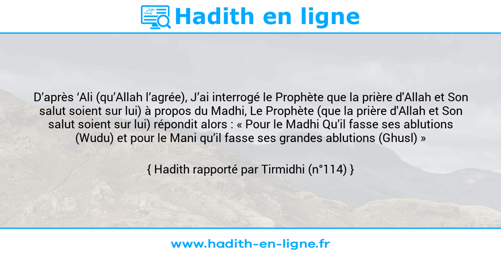 Une image avec le hadith : D’après ‘Ali (qu’Allah l’agrée), J’ai interrogé le Prophète que la prière d'Allah et Son salut soient sur lui) à propos du Madhi, Le Prophète (que la prière d'Allah et Son salut soient sur lui) répondit alors : « Pour le Madhi Qu’il fasse ses ablutions (Wudu) et pour le Mani qu’il fasse ses grandes ablutions (Ghusl) » Hadith rapporté par Tirmidhi (n°114)