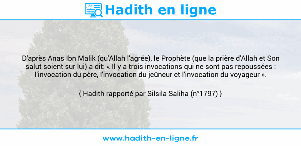 Une image avec le hadith : D'après Anas Ibn Malik (qu'Allah l'agrée), le Prophète (que la prière d'Allah et Son salut soient sur lui) a dit: « Il y a trois invocations qui ne sont pas repoussées : l'invocation du père, l'invocation du jeûneur et l'invocation du voyageur ». Hadith rapporté par Silsila Saliha (n°1797)