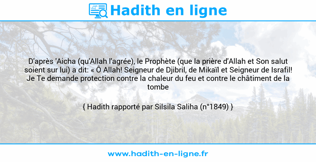Une image avec le hadith : D'après 'Aicha (qu'Allah l'agrée), le Prophète (que la prière d'Allah et Son salut soient sur lui) a dit: « Ô Allah! Seigneur de Djibril, de Mikaïl et Seigneur de Israfil! Je Te demande protection contre la chaleur du feu et contre le châtiment de la tombe ». Hadith rapporté par Silsila Saliha (n°1849)