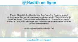 Une image avec le hadith : D'après 'Abdoullâh Ibn Mas'oûd (que Dieu l'agrée), le Prophète (paix et bénédiction de Dieu sur lui) s'adressa à quelqu'un qui dit : "J'ai oublié tel et tel verset", en disant : "Comme tu as mal dit! Dis plutôt : "On me l'a fait oublier". Etudiez le Coran, car il s'échappe plus facilement de la mémoire des hommes qu'un chameau débridé. Hadith rapporté par Mouslim (n°790)