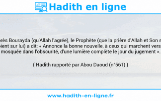 Une image avec le hadith : D'après Bourayda (qu'Allah l'agrée), le Prophète (que la prière d'Allah et Son salut soient sur lui) a dit: « Annonce la bonne nouvelle, à ceux qui marchent vers la mosquée dans l'obscurité, d'une lumière complète le jour du jugement ». Hadith rapporté par Abou Daoud (n°561)