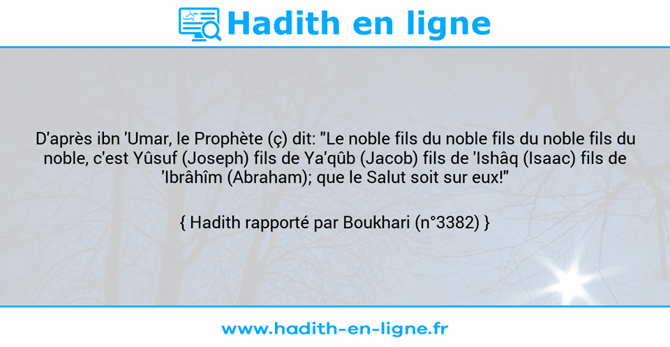 Une image avec le hadith : D'après ibn 'Umar, le Prophète (ç) dit: "Le noble fils du noble fils du noble fils du noble, c'est Yûsuf (Joseph) fils de Ya'qûb (Jacob) fils de 'Ishâq (Isaac) fils de 'Ibrâhîm (Abraham); que le Salut soit sur eux!" Hadith rapporté par Boukhari (n°3382)