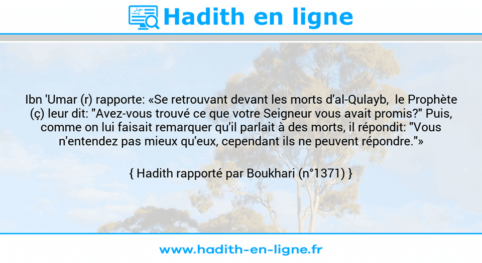 Une image avec le hadith : Ibn 'Umar (r) rapporte: «Se retrouvant devant les morts d'al-Qulayb,  le Prophète (ç) leur dit: "Avez-vous trouvé ce que votre Seigneur vous avait promis?" Puis, comme on lui faisait remarquer qu'il parlait à des morts, il répondit: "Vous n'entendez pas mieux qu'eux, cependant ils ne peuvent répondre."» Hadith rapporté par Boukhari (n°1371)