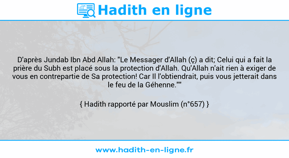 Une image avec le hadith : D'après Jundab Ibn Abd Allah: "Le Messager d'Allah (ç) a dit; Celui qui a fait la prière du Subh est placé sous la protection d'Allah. Qu'Allah n'ait rien à exiger de vous en contrepartie de Sa protection! Car Il l'obtiendrait, puis vous jetterait dans le feu de la Géhenne."" Hadith rapporté par Mouslim (n°657)