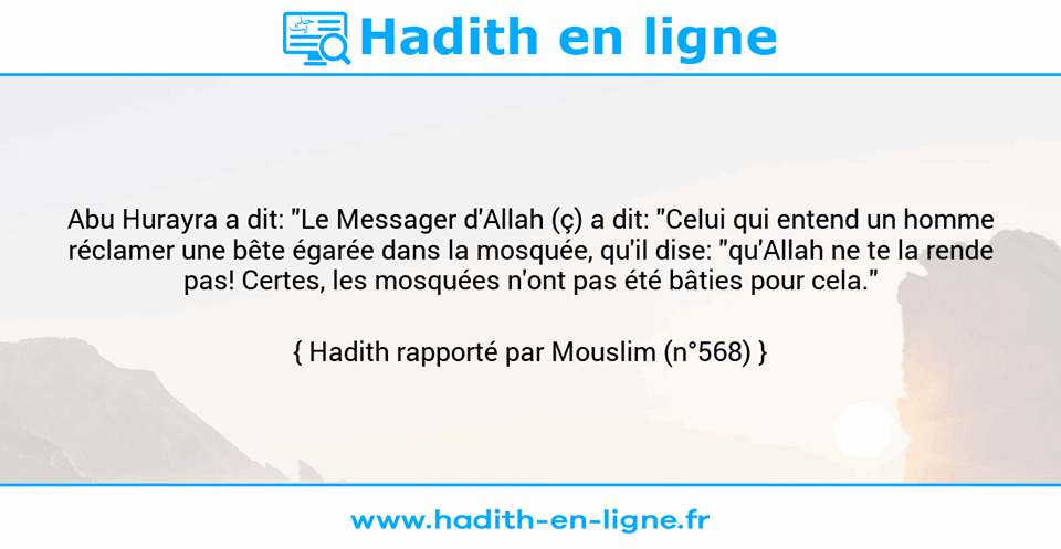 Une image avec le hadith : Abu Hurayra a dit: "Le Messager d'Allah (ç) a dit: "Celui qui entend un homme réclamer une bête égarée dans la mosquée, qu'il dise: "qu'Allah ne te la rende pas! Certes, les mosquées n'ont pas été bâties pour cela." Hadith rapporté par Mouslim (n°568)