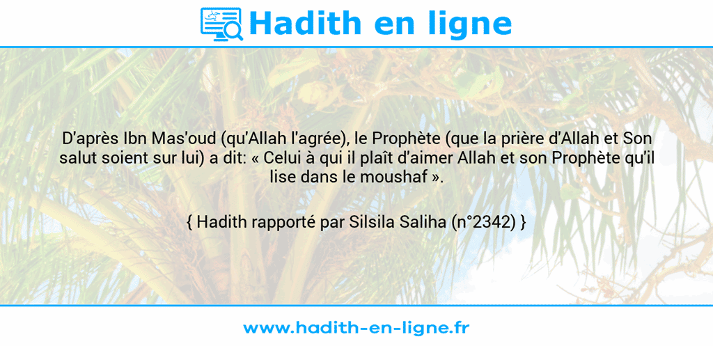 Une image avec le hadith : D'après Ibn Mas'oud (qu'Allah l'agrée), le Prophète (que la prière d'Allah et Son salut soient sur lui) a dit: « Celui à qui il plaît d'aimer Allah et son Prophète qu'il lise dans le moushaf ». Hadith rapporté par Silsila Saliha (n°2342)