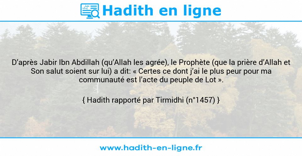 Une image avec le hadith : D’après Jabir Ibn Abdillah (qu’Allah les agrée), le Prophète (que la prière d’Allah et Son salut soient sur lui) a dit: « Certes ce dont j’ai le plus peur pour ma communauté est l’acte du peuple de Lot ». Hadith rapporté par Tirmidhi (n°1457)
