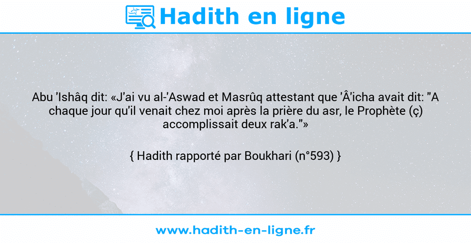 Une image avec le hadith : Abu 'Ishâq dit: «J'ai vu al-'Aswad et Masrûq attestant que 'Â'icha avait dit: "A chaque jour qu'il venait chez moi après la prière du asr, le Prophète (ç) accomplissait deux rak'a."» Hadith rapporté par Boukhari (n°593)