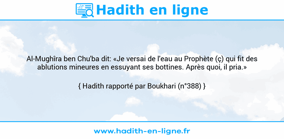 Une image avec le hadith : Al-Mughîra ben Chu'ba dit: «Je versai de l'eau au Prophète (ç) qui fit des ablutions mineures en essuyant ses bottines. Après quoi, il pria.» Hadith rapporté par Boukhari (n°388)