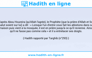 Une image avec le hadith : D'après Abou Houreira (qu'Allah l'agrée), le Prophète (que la prière d'Allah et Son salut soient sur lui) a dit : « Lorsque l'un d'entre vous fait les ablutions dans sa maison puis vient à la mosquée, il est en prière jusqu'à ce qu'il revienne. Ainsi qu'il ne fasse pas comme cela » et il a entrelacer ses doigts. Hadith rapporté par Targhib (n°293)