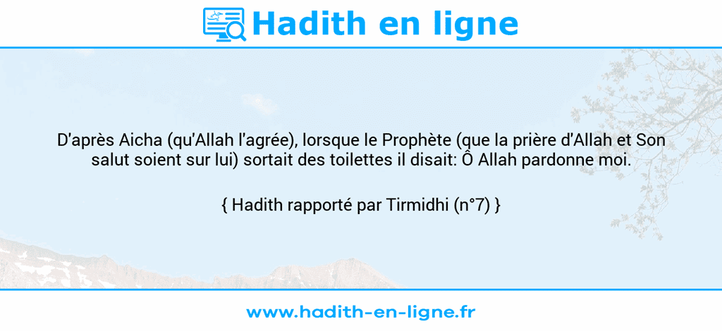 Une image avec le hadith : D'après Aicha (qu'Allah l'agrée), lorsque le Prophète (que la prière d'Allah et Son salut soient sur lui) sortait des toilettes il disait: Ô Allah pardonne moi. Hadith rapporté par Tirmidhi (n°7)