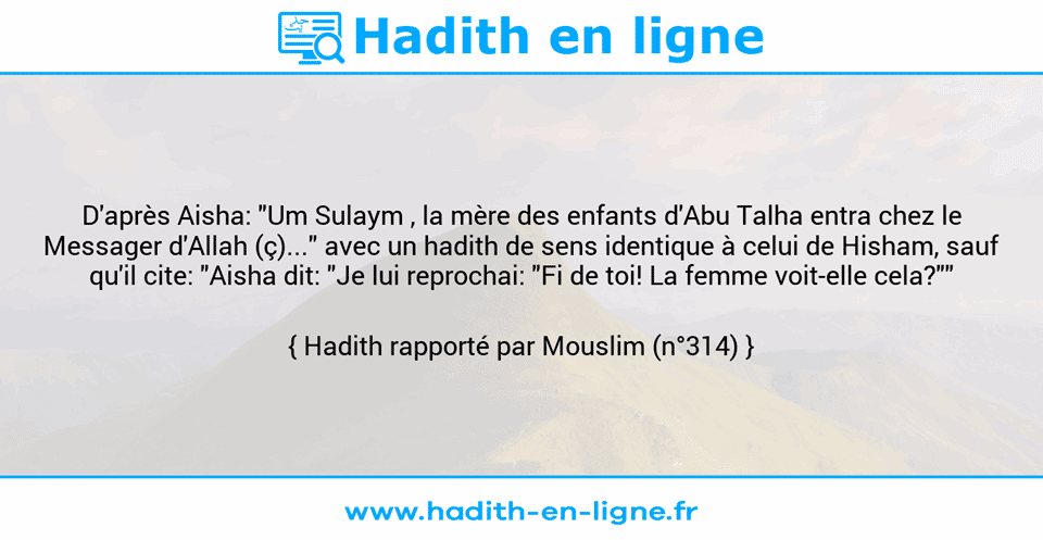 Une image avec le hadith : D'après Aisha: "Um Sulaym , la mère des enfants d'Abu Talha entra chez le Messager d'Allah (ç)..." avec un hadith de sens identique à celui de Hisham, sauf qu'il cite: "Aisha dit: "Je lui reprochai: "Fi de toi! La femme voit-elle cela?"" Hadith rapporté par Mouslim (n°314)