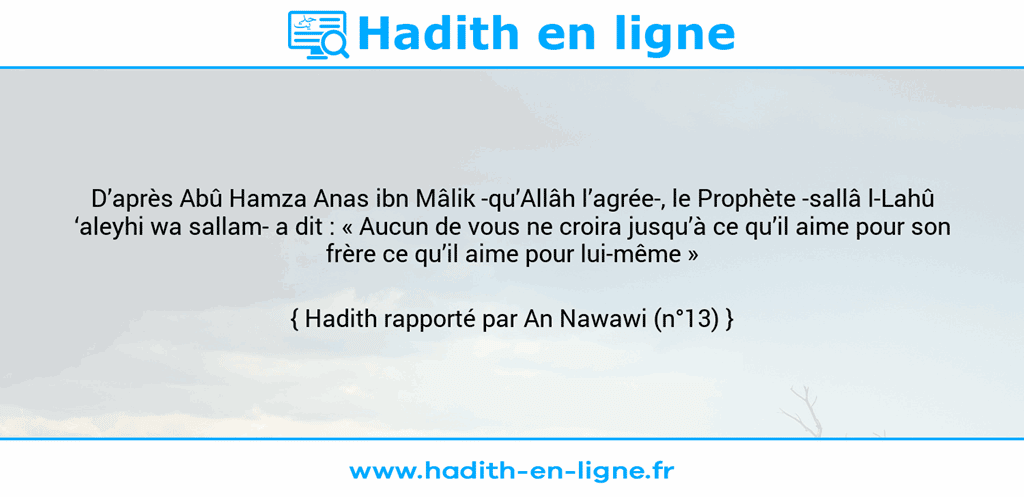 Une image avec le hadith : D’après Abû Hamza Anas ibn Mâlik -qu’Allâh l’agrée-, le Prophète -sallâ l-Lahû ‘aleyhi wa sallam- a dit : « Aucun de vous ne croira jusqu’à ce qu’il aime pour son frère ce qu’il aime pour lui-même » Hadith rapporté par An Nawawi (n°13)
