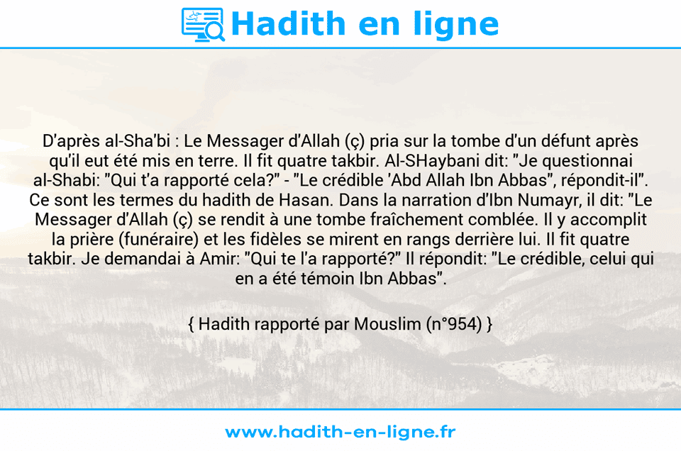 Une image avec le hadith : D'après al-Sha'bi : Le Messager d'Allah (ç) pria sur la tombe d'un défunt après qu'il eut été mis en terre. Il fit quatre takbir. Al-SHaybani dit: "Je questionnai al-Shabi: "Qui t'a rapporté cela?" - "Le crédible 'Abd Allah Ibn Abbas", répondit-il". Ce sont les termes du hadith de Hasan. Dans la narration d'Ibn Numayr, il dit: "Le Messager d'Allah (ç) se rendit à une tombe fraîchement comblée. Il y accomplit la prière (funéraire) et les fidèles se mirent en rangs derrière lui. Il fit quatre takbir. Je demandai à Amir: "Qui te l'a rapporté?" Il répondit: "Le crédible, celui qui en a été témoin Ibn Abbas". Hadith rapporté par Mouslim (n°954)