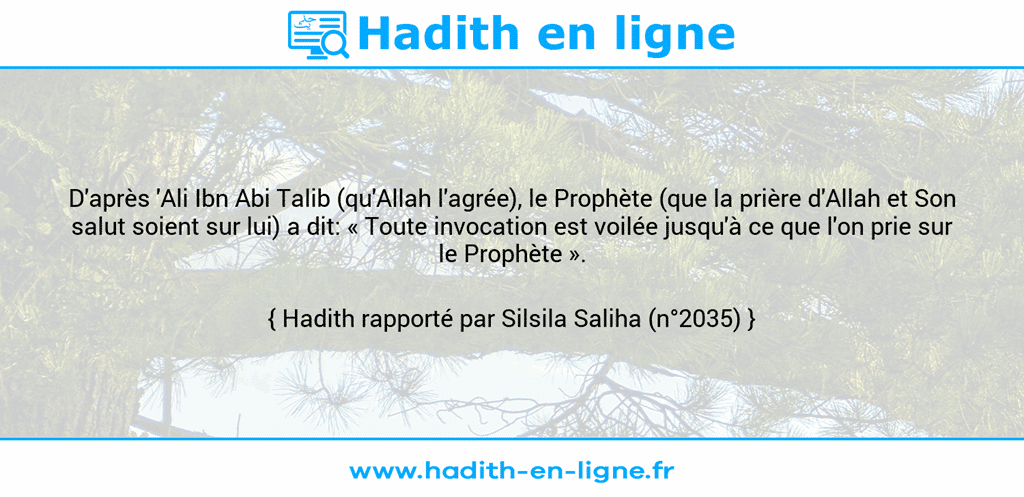 Une image avec le hadith : D'après 'Ali Ibn Abi Talib (qu'Allah l'agrée), le Prophète (que la prière d'Allah et Son salut soient sur lui) a dit: « Toute invocation est voilée jusqu'à ce que l'on prie sur le Prophète ». Hadith rapporté par Silsila Saliha (n°2035)