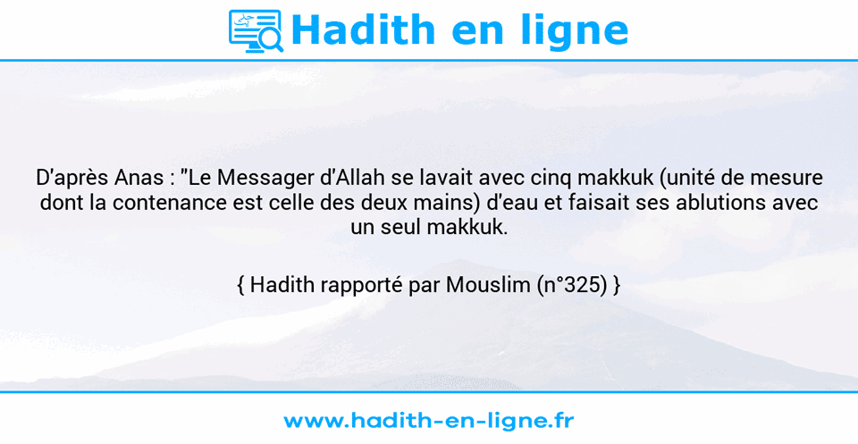 Une image avec le hadith : D'après Anas : "Le Messager d'Allah se lavait avec cinq makkuk (unité de mesure dont la contenance est celle des deux mains) d'eau et faisait ses ablutions avec un seul makkuk. Hadith rapporté par Mouslim (n°325)