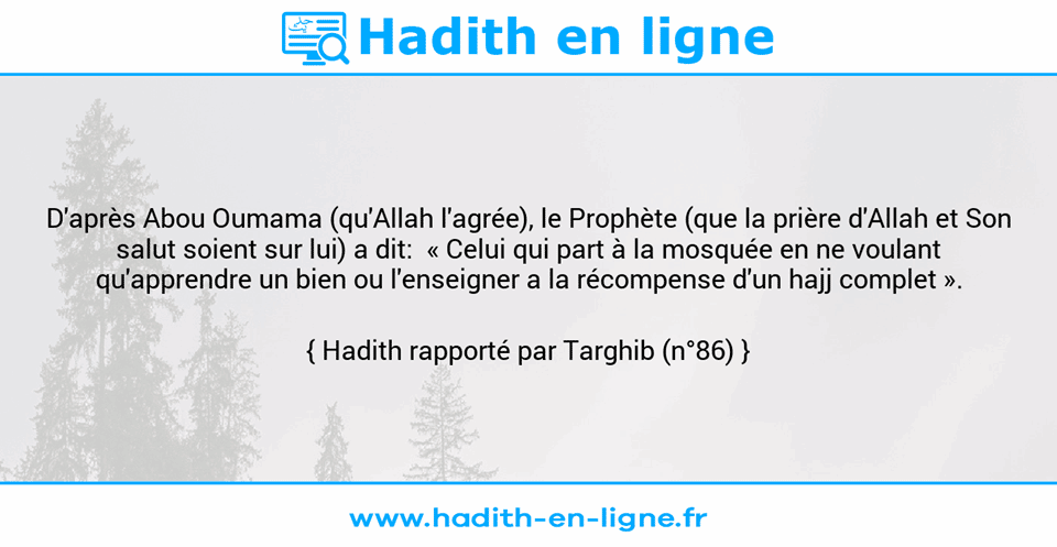 Une image avec le hadith : D'après Abou Oumama (qu'Allah l'agrée), le Prophète (que la prière d'Allah et Son salut soient sur lui) a dit:  « Celui qui part à la mosquée en ne voulant qu'apprendre un bien ou l'enseigner a la récompense d'un hajj complet ». Hadith rapporté par Targhib (n°86)