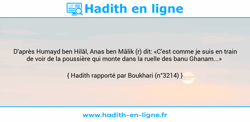 Une image avec le hadith : D'après Humayd ben Hilâl, Anas ben Mâlik (r) dit: «C'est comme je suis en train de voir de la poussière qui monte dans la ruelle des banu Ghanam...»  Hadith rapporté par Boukhari (n°3214)