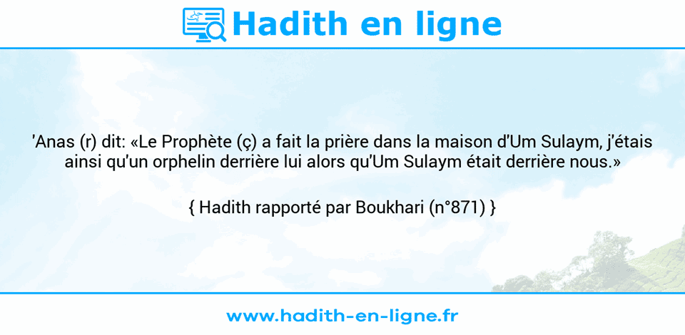 Une image avec le hadith : 'Anas (r) dit: «Le Prophète (ç) a fait la prière dans la maison d'Um Sulaym, j'étais ainsi qu'un orphelin derrière lui alors qu'Um Sulaym était derrière nous.» Hadith rapporté par Boukhari (n°871)