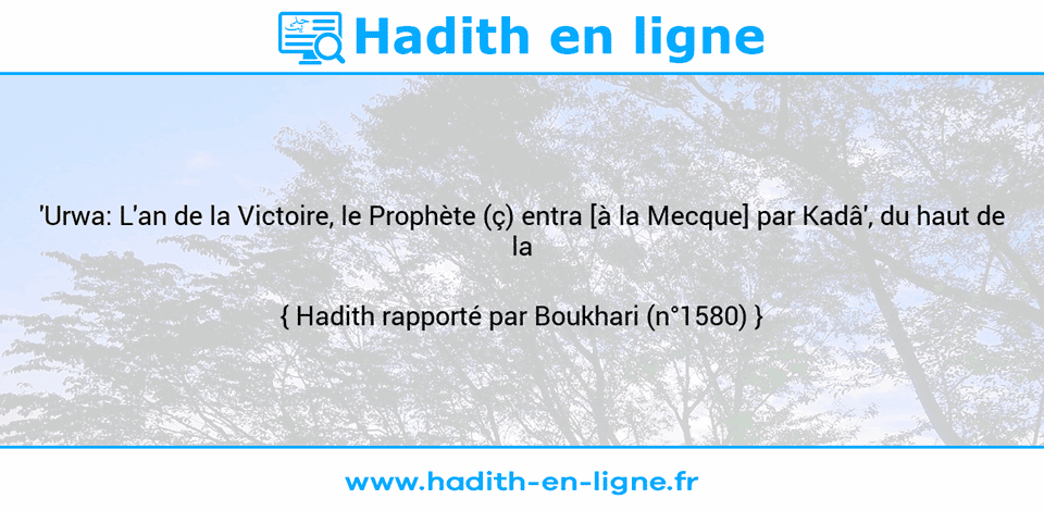 Une image avec le hadith : 'Urwa: L'an de la Victoire, le Prophète (ç) entra [à la Mecque] par Kadâ', du haut de la ville. Hadith rapporté par Boukhari (n°1580)