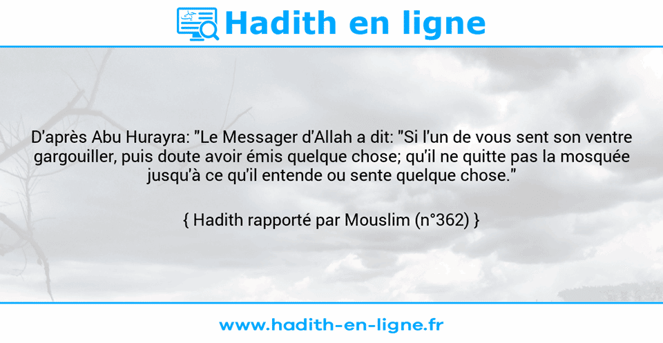Une image avec le hadith : D'après Abu Hurayra: "Le Messager d'Allah a dit: "Si l'un de vous sent son ventre gargouiller, puis doute avoir émis quelque chose; qu'il ne quitte pas la mosquée jusqu'à ce qu'il entende ou sente quelque chose." Hadith rapporté par Mouslim (n°362)