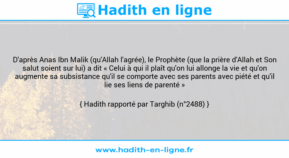 Une image avec le hadith : D'après Anas Ibn Malik (qu'Allah l'agrée), le Prophète (que la prière d'Allah et Son salut soient sur lui) a dit « Celui à qui il plaît qu'on lui allonge la vie et qu'on augmente sa subsistance qu'il se comporte avec ses parents avec piété et qu'il lie ses liens de parenté » Hadith rapporté par Targhib (n°2488)