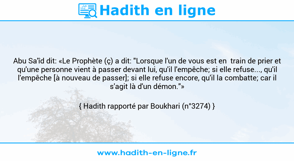 Une image avec le hadith : Abu Sa'îd dit: «Le Prophète (ç) a dit: "Lorsque l'un de vous est en  train de prier et qu'une personne vient à passer devant lui, qu'il l'empêche; si elle refuse..., qu'il l'empêche [à nouveau de passer]; si elle refuse encore, qu'il la combatte; car il s'agit là d'un démon."» Hadith rapporté par Boukhari (n°3274)