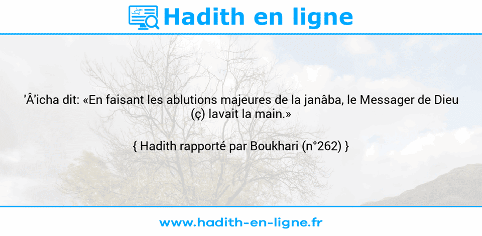 Une image avec le hadith : 'Â'icha dit: «En faisant les ablutions majeures de la janâba, le Messager de Dieu (ç) lavait la main.» Hadith rapporté par Boukhari (n°262)