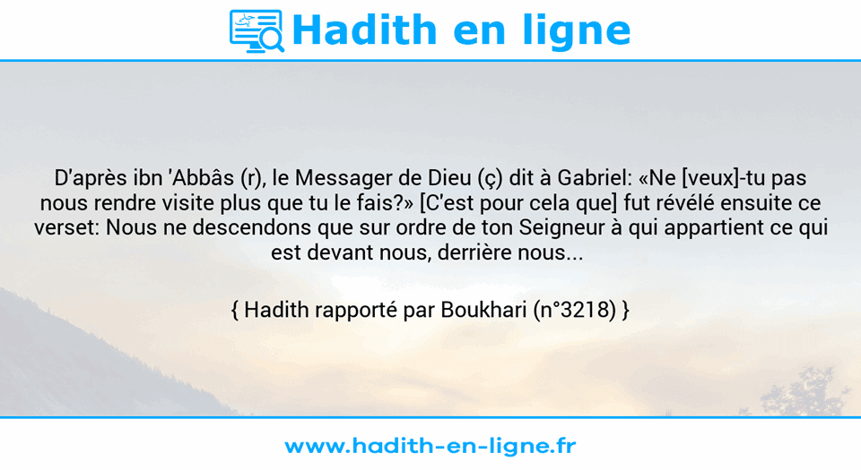 Une image avec le hadith : D'après ibn 'Abbâs (r), le Messager de Dieu (ç) dit à Gabriel: «Ne [veux]-tu pas nous rendre visite plus que tu le fais?» [C'est pour cela que] fut révélé ensuite ce verset: Nous ne descendons que sur ordre de ton Seigneur à qui appartient ce qui est devant nous, derrière nous...  Hadith rapporté par Boukhari (n°3218)
