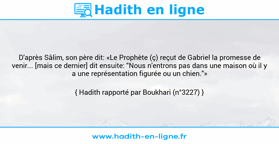 Une image avec le hadith : D'après Sâlim, son père dit: «Le Prophète (ç) reçut de Gabriel la promesse de venir... [mais ce dernier] dit ensuite: "Nous n'entrons pas dans une maison où il y a une représentation figurée ou un chien."» Hadith rapporté par Boukhari (n°3227)
