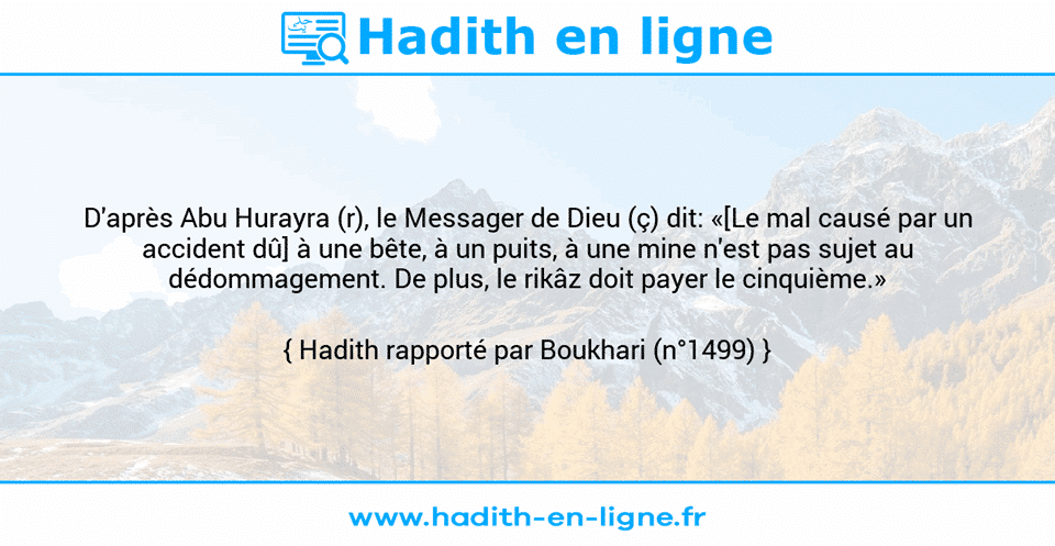 Une image avec le hadith : D'après Abu Hurayra (r), le Messager de Dieu (ç) dit: «[Le mal causé par un accident dû] à une bête, à un puits, à une mine n'est pas sujet au dédommagement. De plus, le rikâz doit payer le cinquième.» Hadith rapporté par Boukhari (n°1499)
