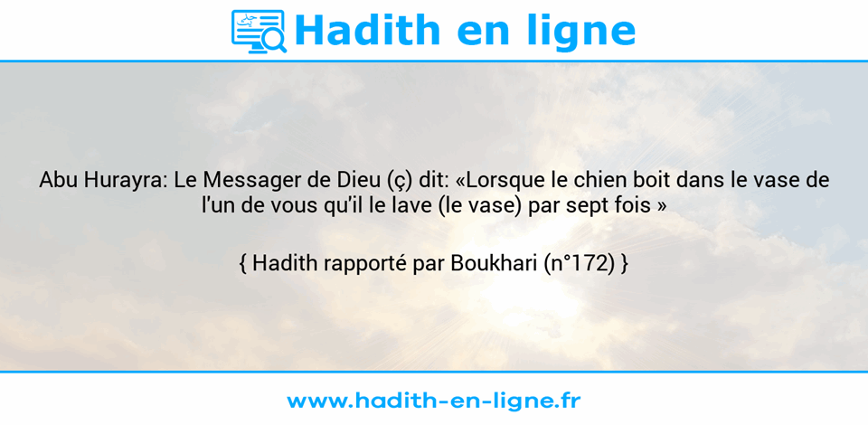 Une image avec le hadith : Abu Hurayra: Le Messager de Dieu (ç) dit: «Lorsque le chien boit dans le vase de l'un de vous qu'il le lave (le vase) par sept fois » Hadith rapporté par Boukhari (n°172)