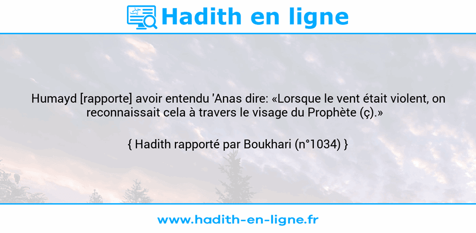 Une image avec le hadith : Humayd [rapporte] avoir entendu 'Anas dire: «Lorsque le vent était violent, on reconnaissait cela à travers le visage du Prophète (ç).»   Hadith rapporté par Boukhari (n°1034)